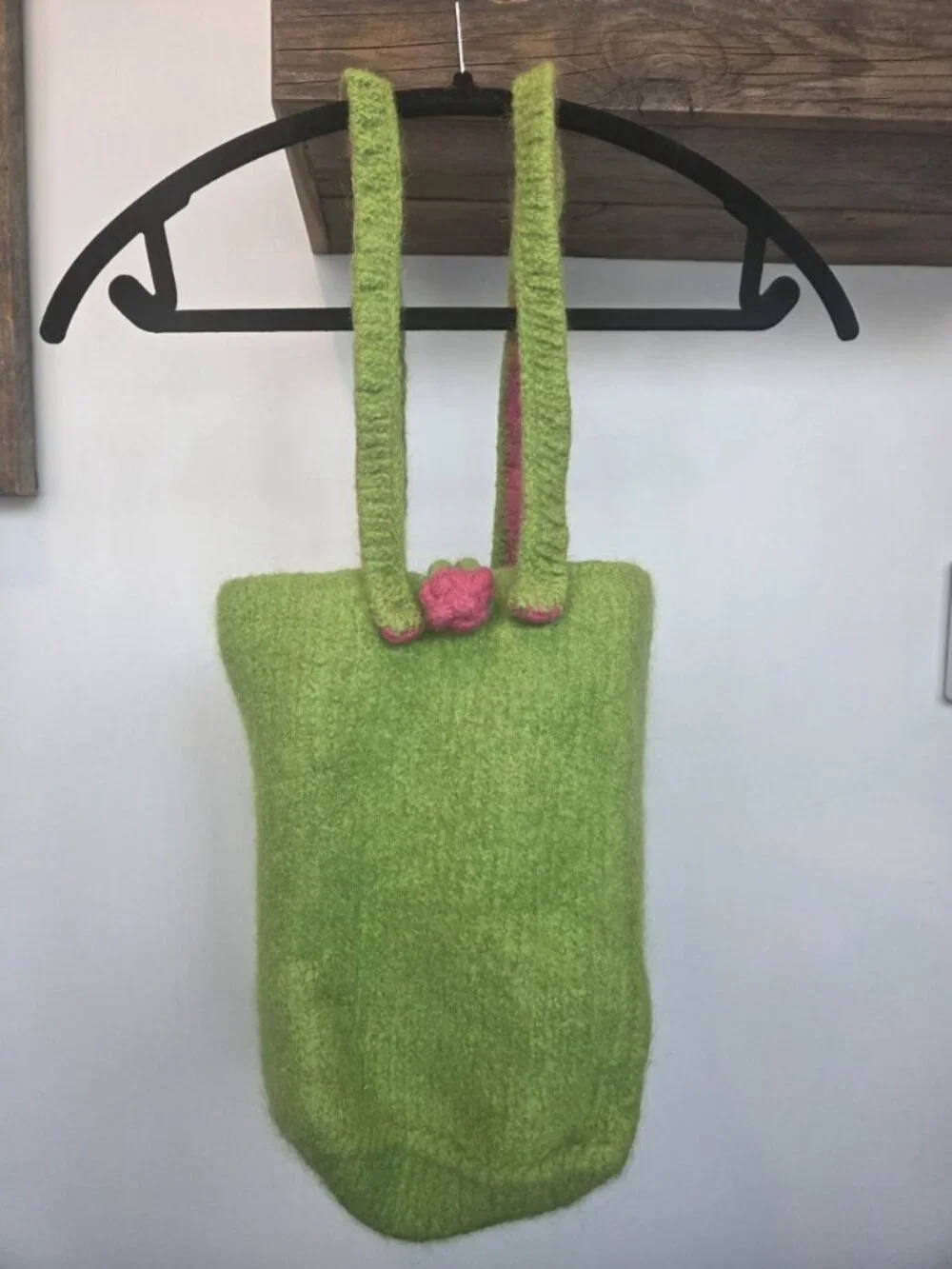 Handmade Felted Wool Tote Lime Green & Pink Parallel Straps Toggle Closure